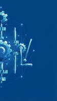 Digital transformation concept with geometric gears and network connections on blue background for business technology presentations.