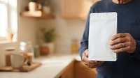 Man in dark blue sweater holding blank white tablet device in modern kitchen with warm lighting and blurred background, suitable for technology and lifestyle marketing.