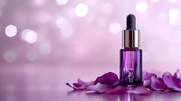 Purple glass dropper bottle with essential oil surrounded by scattered purple flower petals on pink bokeh background, luxury cosmetic product photography.