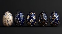 Decorative porcelain eggs with floral pattern in dark blue and gold on black background. Elegant ceramic Easter ornaments arranged in row showing gradual color transition.
