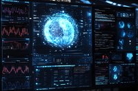 Futuristic digital interface with glowing blue holographic sphere surrounded by data analytics screens, charts and monitoring displays in dark environment.