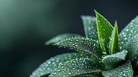 Fresh green leaves covered with morning dew drops against dark background, macro nature photography showing water droplets on plant surface in dramatic lighting.
