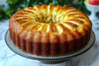 Golden bundt cake with decorative ridged pattern on glass serving plate, homemade dessert for celebrations and gatherings.