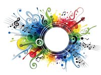 Colorful music notes and treble clefs burst around white circle frame with rainbow watercolor splashes and decorative swirls for creative design projects.