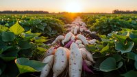 Fresh daikon radishes harvested in rows on organic farm field during golden hour sunset. Agricultural produce ready for market distribution and healthy eating.