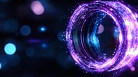 Glowing neon portal with purple and blue light effects on dark background, abstract circular energy vortex with sparkles and bokeh elements.