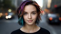 Young woman with vibrant purple and teal ombre hair, fair complexion, wearing black top against urban street background with blurred city lights and traffic.