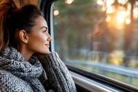 Young Asian woman in gray knit sweater gazing thoughtfully through train window at sunset, warm bokeh lights in background create peaceful travel atmosphere.