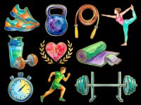 Watercolor fitness clipart set with gym equipment, yoga pose, running figure, and health icons, isolated on transparent background for t-shirt design, stickers, print on demand.