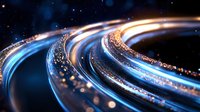 Glowing spiral light trails with blue and golden streaks against dark background create dynamic motion effect for technology and communication designs.