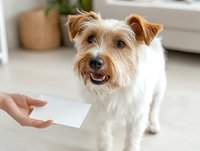 Friendly terrier mix with tan and white coat holding blank business card in human hand, indoor home setting with potted plant and furniture background.
