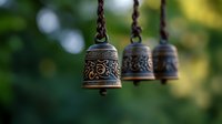 Ornate bronze temple bells with intricate patterns hanging on chains against soft green bokeh background for meditation and spiritual practices.