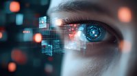 Close-up of human eye with futuristic digital interface overlay, glowing blue iris, holographic elements and bokeh lights creating cybernetic visualization effect.