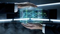 Business professional hands protecting holographic network connections and data visualization in modern digital technology concept for cybersecurity solutions.