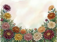 Autumn chrysanthemum flowers frame with colorful blooms and green leaves on watercolor background for seasonal greeting cards and fall decorations.
