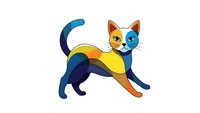 Colorful cartoon cat with blue and orange fur in playful pose isolated on white background for children design projects and pet-themed graphics.