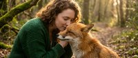 Young woman with curly hair in green sweater cuddling with red fox in forest setting. Wildlife conservation and animal care concept for nature lovers.