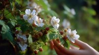 Delicate white flowers and ripening berries on raspberry bush branch with green leaves, gentle hand touching plant in soft natural lighting.