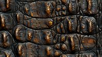 Charred wood texture with deep cracks and golden highlights creating dramatic natural pattern. Abstract burned surface shows intense detail and organic forms.