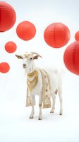 White goat wearing golden jewelry and decorative cloth with red paper lanterns on white background for Chinese New Year celebration and festive design projects.