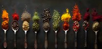 Colorful aromatic spices and herbs arranged in vintage spoons on dark background, panoramic food composition showing variety of cooking seasonings.