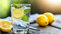 Refreshing glass of sparkling water with lemon slice, ice cubes and mint leaves on wooden table. Fresh citrus fruits and metal straw create summer drink composition.