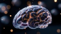 Digital brain with glowing neural networks and sparkling connections on dark background with bokeh lights for neuroscience and artificial intelligence concepts.
