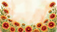 Watercolor gaillardia flowers frame warm beige background, red and yellow blooms with green leaves, copy space for text or design.