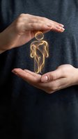 Protective hands surrounding glowing golden human figure symbolizing care, support, insurance, healthcare, and personal protection services.