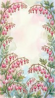 Watercolor bleeding heart flowers frame with pink blooms and green leaves on soft pastel background, copy space for text or design.