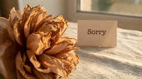 Dried withered flower beside a sorry note card on linen fabric near a window, conveying apology, regret, and emotional concepts.