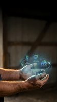 Hands holding holographic environmental technology icons with weather monitoring and eco-friendly symbols floating above palms in futuristic display.