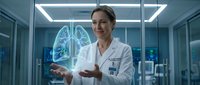 Female doctor examining holographic lung scan in modern medical facility with advanced digital healthcare technology for respiratory diagnosis.