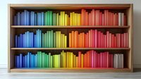 Colorful books arranged in rainbow spectrum order on wooden shelves against white wall, creating vibrant gradient from blue through green, yellow, orange to red tones.