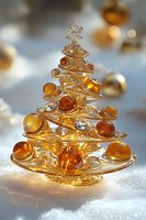 Golden glass Christmas tree decorated with amber and crystal ornaments on glittering white snow background, creating magical holiday atmosphere.