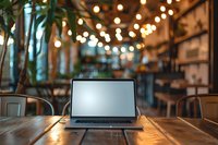 Laptop with blank screen on wooden table in cozy cafe interior with bokeh lights and plants, creating atmospheric workspace environment for remote work.