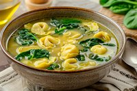 Homemade tortellini soup with fresh spinach leaves and lemon in rustic ceramic bowl. Clear golden broth garnished with pasta and herbs creates warming comfort food.