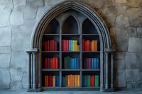 Gothic stone arch bookshelf built into ancient wall with colorful books arranged on wooden shelves, creating magical library atmosphere in medieval setting.