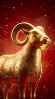 Golden ram figurine with ornate floral engravings against warm red background with bokeh lights, suitable for luxury, wealth, prosperity, and festive design projects.