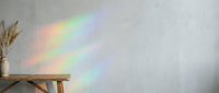 Rainbow light reflection on white wall creates colorful spectrum display in minimalist interior with wooden bench and dried pampas grass decoration.