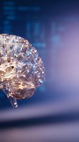 Digital brain with circuit patterns glowing against purple blue gradient background representing artificial intelligence and neural networks in technology.