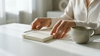 Woman in white robe reading book with coffee cup on table in bright morning light creating peaceful relaxing atmosphere for leisure time at home.