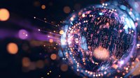 Glowing sphere with digital network patterns emits luminous particles against dark background, creating futuristic technological atmosphere with bokeh light effects.