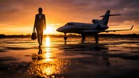 Silhouette of businesswoman walking towards private jet aircraft on wet runway during golden sunset, luxury travel and corporate aviation concept.