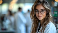 Young Caucasian woman with long wavy blonde hair wearing glasses and white coat smiling warmly at camera in professional medical or laboratory setting with blurred background.