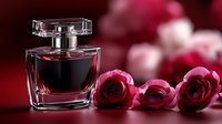 Elegant glass perfume bottle with dark red fragrance surrounded by pink roses on romantic red background for luxury cosmetics and beauty products.