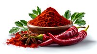 Red paprika powder in wooden bowl with fresh chili peppers, star anise and parsley leaves on white background, culinary spices composition for food seasoning.