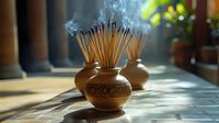 Burning incense sticks in traditional clay pot with rising smoke and dramatic sunlight creating atmospheric shadows on wooden surface in meditation space.