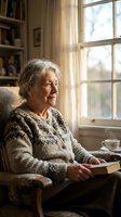 Senior woman with gray hair sitting by window reading book in cozy home interior with natural light, suitable for lifestyle and wellness content.