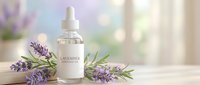 Lavender essential oil dropper bottle with fresh purple flowers on wooden surface. Natural aromatherapy skincare product for relaxation and wellness routines.